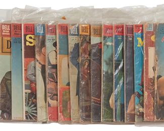 149
A Group Of Golden Silver Age Dell Four Color Western Comics
The comics with photo covers comprising Four Color #153 (Roy Rogers), Four Color #575 (Annie Oakley), Four Color #618 (Johnny Mack Brown), Four Color #673 (Buffalo Bill Jr.), Four Color #675 (Steven Donovan), Four Color #707 (Corky and White Shadow), Four Color #712 (the Great Locomotive Chase), Four Color #738 (Westward Ho the Wagons!), Four Color #993 (Jim Bowie), Four Color #997 (Tales of Texas John Slaughter), Four Color #1027 (The Texan #1), Four Color #1058 (Colt .45), Four Color #1059 (Sugarfoot), Four Color #1089 (Restless Gun), Four Color #1102 (Wanted Dead or Alive), Four Color #1126 (Hotel De Paree - Sundance), Four Color #1130 (The Deputy), Four Color #1134 (The Real McCoys), Four Color #1215 (Tales of Wells Fargo), and Four Color #1284 (Laramie)

20 pieces
Estimate: $200 - $400
