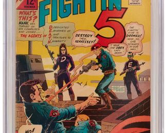 146
Fightin' Five #40 (Charlton Comics, 1966)
First appearance and origin of Peacemaker (Christopher Smith)
Label: qualified
Restoration Status: unrestored
Grader Notes: missing interior part/page/wrap (QUALIFIED) centerfold affects story, light spine stress lines to cover, moderate creasing to cover, moderate staining to cover
Publisher: Charlton Comics
Page Quality: off-white pages
Estimate: $200 - $300