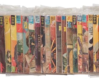 150
A Group Of Golden Silver Age Western Comics
The comics with photo covers comprising Big Valley #6 (Dell, 1969), Cisco Kid #37 (Dell, 1957), Cowboy in Africa #1 (Gold Key, 1967), The Flying A's Range Rider #13 (Dell, 1956), Gabby Hayes Western #16 (Fawcett Publications, 1950) Gene Autry Comics #25 (Dell, 1949), Gunsmoke #3 (Gold Key, 1969) Gunsmoke #17 (Dell, 1959), Have Gun, Will Travel #11 (Dell, 1961), High Chaparral #1 (Gold Key, 1968), Iron Horse #1 (Dell, 1967), Jace Pearson of the Texas Rangers #3 (Dell, 1953), Jace Pearson of the Texas Rangers #13 (Dell, 1956), Lawman #5 (Dell, 1960), The Legend of Custer #1 (Dell, 1968), The Legend of Jesse James (Gold Key, 1966), Maverick #10 (Dell, 1959), The Monroes #1 (Dell, 1967), Queen of the West, Dale Evans #4 (Dell, 1954), Rango #1 (1967), Rawhide #1 (Gold Key, 1963), Rex Allen Comics #3 (Dell, 1952), The Virginian #1 (Gold Key, 1963), Wagon Train #4 (Dell, 1960), Wagon Train #4 (Gold Key, 1964), Wild Bill Elliot #9 (Dell, 1952), W