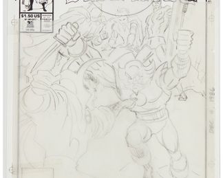 163
John Romita Sr.
1930-2023
Preliminary Drawing And Layout Of "Doctor Strange, Sorcerer Supreme #32," 1986
Graphite and ink on vellum affixed with tape to Bristol board
Signed twice, titled, and numbered in ink in the lower margin: John Romita / 32; dated in the right margin, at center: DEC. 4, 1986; the completed and sold "Doctor Strange, Sorcerer Supreme #32," 1991, comic is affixed verso and housed in a plastic sleeve
Preliminary drawing: 17" H x 11" W; completed comic book: 10.25" H x 6.75" W
Estimate: $4,000 - $6,000