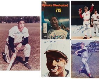 167
Five Framed And Autographed Baseball Memorabilia Items
Comprising 3 framed color photographs on paper, autographed in ink by Joe DiMaggio (1914-1999), Peter Rose (b. 1941), and Ted Williams (1918-2002), 1 framed poster in colors on paper, autographed in blue ink by Cool Papa Bell (1903-1991), and a framed "Sports Illustrated" magazine cover from April 15, 1974, commemorating Hank Aarons' 715th career home run ball, surpassing Babe Ruth's previous record, during a game against the Los Angeles Dodgers, and signed in ink by Hank Aarons

5 pieces
Sight of smallest: 9.75" H x 7.75" W; Sight of largest: 19.5" H x 15.5" W
Estimate: $1,400 - $1,600