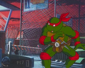 172
A Fred Wolf Films Cel For "Teenage Mutant Ninja Turtles," 1987
Raphael from the "Teenage Mutant Ninja Turtles"
Gouache on celluloid
Appears unsigned
Sight: 7.5" H x 11.5" W
Estimate: $300 - $500