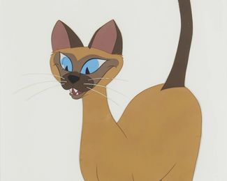 177
Walt Disney Animation Studios Cel From "Lady And The Tramp"
A siamese cat animation cel from "The Lady and the Tramp"
Gouache on celluloid
Appears unsigned
Sight: 11.375" H x 11.375" W
Estimate: $500 - $700