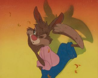 178
Walt Disney Animation Studios Cel From "The Song Of The South"
A Walt Disney Animation cel from "The Song of the South," 1949
Gouache on celluloid
Appears unsigned; with Walt Disney's signature and inscribed in red pencil on the overmat, lower right: To Charles Boasberg / Best wishes / Walt Disney
Sight: 7.625" H x 9.125" W
Estimate: $300 - $500