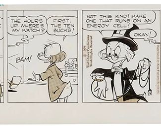180
Carl Barks
1901-2000
"Scrooge McDuck" Comic Strip, 1969
Pencil, ink, paper collage, and Zipatone on paper
Signed in ink in the lower margin, at right: Carl Banks; inscribed in blue pencil in the upper left margin corner: I've Found; with the Walt Disney Production and King Features Syndicate copyright information affixed to the image
Image: 5" H x 18" W; Sheet: 6.5" H x 21.125" W
Estimate: $800 - $1,200