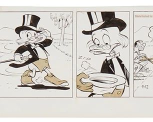 183
Carl Barks
1901-2000
"Scrooge McDuck" Comic Strip, 1969
Pencil, ink, and Zipatone on paper
Signed in ink in the lower margin, at right: Carl Barks; with the Walt Disney Production and King Features Syndicate copyright information affixed to the image
Image: 5" H x 18" W; Sheet: 6.625" H x 21" W
Estimate: $800 - $1,200