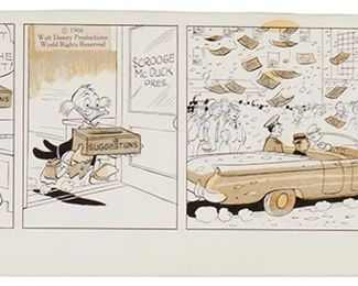 182
Carl Barks
1901-2000
"Scrooge McDuck" Comic Strip, 1966
Pencil, ink, and Zipatone on paper
Signed in ink in the lower margin, at right: Carl Barks; with the Walt Disney Production and King Features Syndicate copyright information affixed to the image
Image: 5" H x 18" W; Sheet: 6.5" H x 21.125" W
Estimate: $800 - $1,200