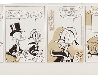 184
Carl Barks
1901-2000
"Scrooge McDuck" Comic Strip, 1969
Pencil, ink, and Zipatone on paper
Signed in ink in the lower margin, at right: Carl Barks; with the Walt Disney Production copyright information affixed to the image
Image: 5" H x 18" 18; Sheet: 6.5" H x 21" W
Estimate: $800 - $1,200