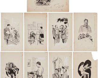 185
Ben Kudo
b. 20th Century - d. 2005
Nine Working Illustrations For "Hemingway: Live And Death Of A Giant," Circa 1960
India ink, with gouache and pencil notations, on smooth, heavy paper
Unsigned; with the ink stamped number of the publisher, Holloway House Publishing Co., Los Angeles, CA: E7420 on the verso of the image annotated "title page," and E7421 on the verso of the eight other images; commissioned as illlustrations for Kurt Singer, "Hemingway: Life and Death of a Giant," (Los Angeles: Holloway House Publishing Co., 1961)

8 pieces
Sheet of eight images: 17.75" H x 11.25" W (approx.); Sheet of title page image: 11" H x 17.75" W
Estimate: $300 - $500