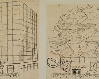 187
Mischa Richter
1910-2001
"Who Says Jeff Has No Sense Of Humor"
Each: Ink on paper
Signed in ink on the right sheet, lower right: Richter; dated and annotated, presumably in another hand, and with The New York editorial department red ink stamp, and copyright card of The New Yorker Magazine, Inc., 1974, all on two sheets of paper, affixed verso: 4/29/74 / Ribbon Cutting / Line of Copper
Sheet of first: 11" H x 10" W; Sheet of second: 10.5" H x 12" W
Estimate: $800 - $1,200