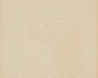 188
Walt Disney Animation Studios Production Drawing From "Snow White And The Seven Dwarfs"
"The Prince's Kiss" production drawing from Walt Disney's "Snow White and the Seven Dwarfs," 1938
Red colored pencil on peg hole paper
Appears unsigned; dated in red pencil lower right; titled on the frame plaque
Sight: 10" H x 11.75" W
Estimate: $300 - $500
