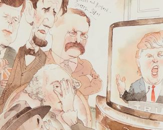 189
Barry Blitt
b. 1958
"Bad Reception," 2016
Giclee in colors on paper
Signed in ink near the upper edge, at center: Barry Blitt; inscribed upper center: To Lauren and Richard / Barry Blitt
Image: 14.5" H x 10.5" W; Sheet: 15.5" H x 11" W
Estimate: $700 - $900
