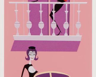 193
Josh Agle (Aka SHAG)
b. 1962
"The Smiling Widow," 2003
Screenprint in colors on paper
Edition: 177/300 (there are also 30 signed artist proofs and 5 signed printer proofs)
Signed and numbered in pencil in the lower margin: SHAG; Pieter Agle, Costa Mesa, CA, pub.
Image: 27" H x 10.25" W; Sight: 28.25" H x 11.25" W
Estimate: $200 - $400