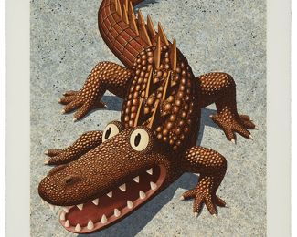 194
Michael Bedard
b. 1949
Alligator, 1989
Screenprint in colors on wove paper
Edition: 14/100
Signed, dated, numbered, and inscribed in pencil in the lower margin: Bedard / To Simi Storm 1-8-90; an unidentified blindstamp in the lower margin, at right
Image: 40" H x 29.5" W; Sheet: 47" W x 35.5" W
Estimate: $600 - $800