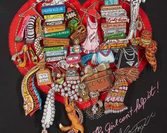 200
Charles Fazzino
b. 1955
"The Girl Can't Help It"
3-D screenprint and mixed media on black museum board
Edition: 42/100 PR
Signed, titled, and numbered in ink underneath the image: Charles Fazzino
Image: 10" H x 9" W; Sight: 12.5" H x 11.5" W
Estimate: $800 - $1,200