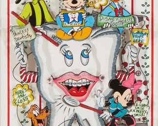 199
Charles Fazzino
b. 1955
"Disney Dontics"
3-D screenprint and mixed media on museum board, in a mount with portions designed by the artist
Edition: 197/200 DX
Signed, titled, and numbered in pencil along the lower margin
Image: 8.25" H x 5.5" W; Sight of colored inner mount: 11" H x 8" W
Estimate: $1,000 - $1,500
