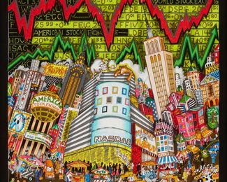 203
Charles Fazzino
b. 1955
"Bears-A-Hangin', Bulls-A-Chargin'"
3-D screenprint and mixed media on black museum board
Edition: 3/100 PR
Signed, titled, and numbered in silver ink along the lower margin: Charles Fazzino
Image: 11" H x 11" W; Sight: 12.25" H x 12" W
Estimate: $800 - $1,200