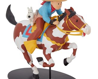 205
2005
A Leblon-Delienne "Tintin" Cowboy Figurine
Edition: 53/2000
Stamped and incised to underside of figure's hat: © Herge Moulinsart / no 33/2000
The polychrome resin figurine of cowboy Tintin on horseback with dog Snowy (Milou), depicted from the album "Tintin in America," sculpted by Marie Leblon for the "Nostalgia" collection, manufactured by Leblon-Delienne for Herge/Moulinsart
With base: 10.625" H x 12.325" W x 6.125" D
Estimate: $1,000 - $2,000