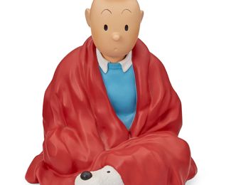219
2000
A Leblon-Delienne "Tintin" Robed Figurine With Snowy
Edition 296 of unknown size
Stamped and incised to figure verso: © Herge Moulinsart / no 296
The polychrome resin figurine of Tintin cloaked in a red robe with a hiding dog, Snowy (Milou), depicted from the album "Objectif Lune," or, "Destination Moon," sculpted by Marie Leblon for the "Generic" collection, manufactured by Leblon-Delienne for Herge/Moulinsart
6.5" H x 5.325" W x 6.25" D
Estimate: $500 - $700