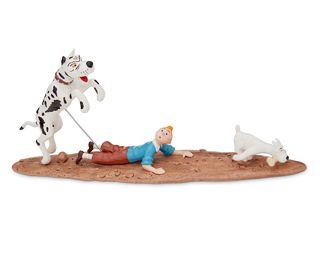 223
2002
A Pixi "Tintin" Figurine Scene "Danois Poursuit Tintin"
Edition: 424/1500
Stamped to underside of base: © Herge/Moulinsart 2007
The polychrome metal figurine of Tintin and dog Snowy (Milou) pursued by a Great Dane, depicted from the album "L'Ile Noire," or, "The Black Island," made by Pixi workshops for Herge/Moulinsart
With base: 3.25" H x 7.75" W x 1.75" D
Estimate: $400 - $600