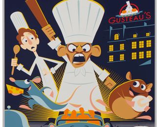 239
Eric Tan (20th Century) And Stacey Aoyama (20th Century)
"EPCOT 40th Anniversary - Remy's Ratatouille Adventure," 2019
Screenprint in colors on metallic silver paper
Edition: AP 2/25 (aside from the edition of 100 on the same paper)
Unsigned; numbered in ink lower left and with the Disney copyright lower right; Cyclops Print Works, Los Angeles, CA, prntr.; Walt Disney Company, Burbank, CA, pub.
Image/Sheet: 27" H x 18" W
Estimate: $300 - $500