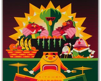 254
Eric Tan (20th Century) And Stacey Aoyama (20th Century)
"EPCOT 40th Anniversary - Kitchen Kabaret," 2019
Screenprint in colors on metallic silver paper
Edition: AP 2/25 (aside from the edition of 100 on the same paper)
Unsigned; numbered in ink lower left and with the Disney copyright lower right; Cyclops Print Works, Los Angeles, CA, prntr.; Walt Disney Company, Burbank, CA, pub.
Image/Sheet: 27" H x 18" W
Estimate: $300 - $500