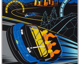 257
Eric Tan (20th Century) And Stacey Aoyama (20th Century)
"EPCOT 40th Anniversary - Test Track," 2019
Screenprint in colors on metallic silver paper
Edition: AP 2/25 (aside from the edition of 100 on the same paper)
Unsigned; numbered in ink lower left and with the Disney copyright lower right; Cyclops Print Works, Los Angeles, CA, prntr.; Walt Disney Company, Burbank, CA, pub.
Image/Sheet: 27" H x 18" W
Estimate: $300 - $500