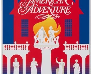 260
Eric Tan (20th Century) And Stacey Aoyama (20th Century)
"EPCOT 40th Anniversary - The American Adventure," 2019
Screenprint in colors on metallic silver paper
Edition: AP 2/25 (aside from the edition of 100 on the same paper)
Unsigned; numbered in ink lower left and with the Disney copyright lower right; Cyclops Print Works, Los Angeles, CA, prntr.; Walt Disney Company, Burbank, CA, pub.
Image/Sheet: 27" H x 18" W
Estimate: $300 - $500