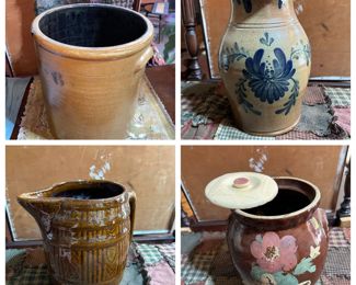 country crocks and pitchers and cookie jar.
