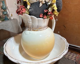 Early English pitcher and washbowl  yellow and cream