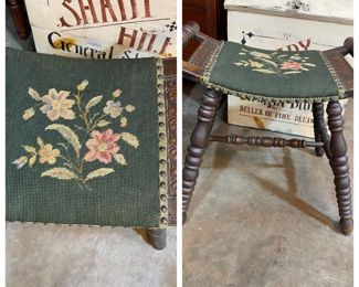 Nice Carved Vanity Bench with needlepoint