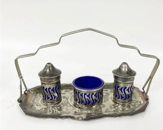 Lot 093   2 Bid(s)
Vintage Silver-plated over Cobalt Glass Condiment Set