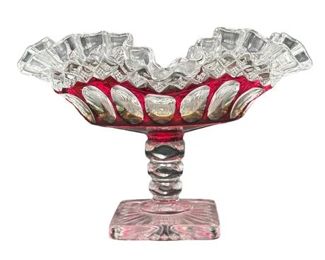 Lot 1019   1 Bid(s)
Westmoreland Crystal Glass Compote Ruffled Thumbprint Cranberry Swirl Candy Dish