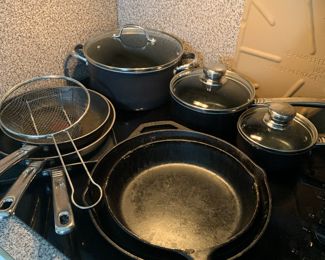 cast iron skillets, T-Fal set of pans