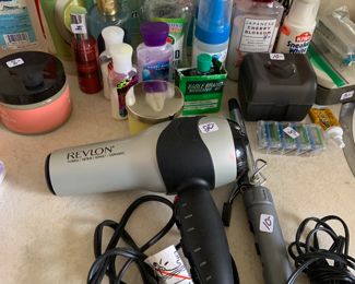 blow dryers, curling irons, rollers, lotions