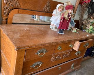 antique solid wood dresser and mirror, lovely carved woodwork