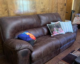 brown leather double recliner wall hugger couch