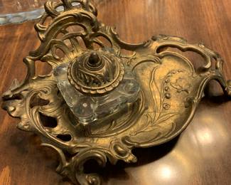 Art Nuovo brass tray and crystal inkwell