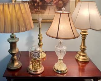 Multiple Brass and Glass Table Lamps • Desk Clock