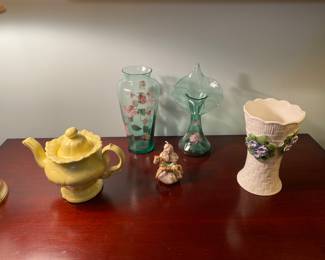 2 Hand Painted Fenton Vases • Teapot • Flowered Ceramic Vase • Unique Carousel Horse Candle