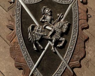 Vintage Medieval Cast Metal Spanish Knight Coat of Arms Wall Plaque