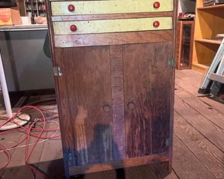Wood Shop Cabinet with Tools, Hardware & Metal Chunks