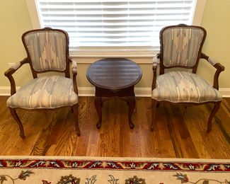 Matching Wood Carved French Upholstered Chairs Oval Cherry End Table w/Drawer