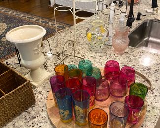 Vintage Colored Glassware/Plate Display Racks/Assorted Floral Vases