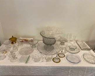 Fostoria Punch Bowl Under Plate/Fire King Philbe Sapphire Blue Pie Plate/Glass Candlesticks & Serveware