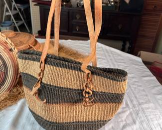 Large woven striped bag with leather handles, minor wear, from the Congo, mid-century 10"H x 15"W