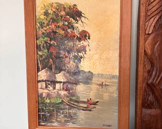 Painting of village along a river (likely the Congo from family history) some foxing, canvas stretched over board & frame needs re-set 20" x 14"