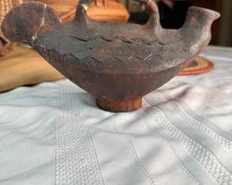 Handled pottery vessel from the Congo, mid-century, does show evidence of repair 5"H x 10"L