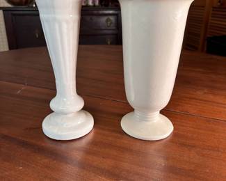 Two cream Haeger vases, the wider one has a hairline but appears secure, 8"H