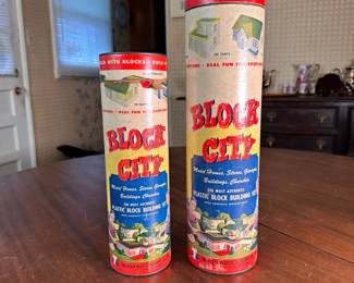 Two canisters of 1950s Block City, all appear in good vintage condition
